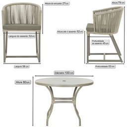 Mesa com 4 Cadeiras de Jantar Roma 100cm e Noronha em Aluminío Fendi Corda Nautica Estofado 8 Trama - 2