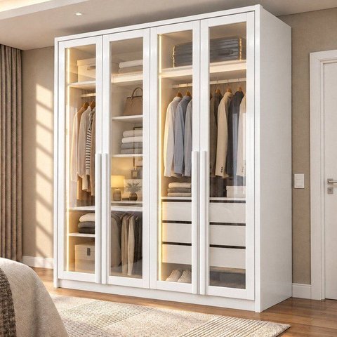 Guarda Roupa Solteiro 4 Portas com Vidro Reflecta 3 Gavetas 164cm com LED 100% MDF Imperiale Premium
