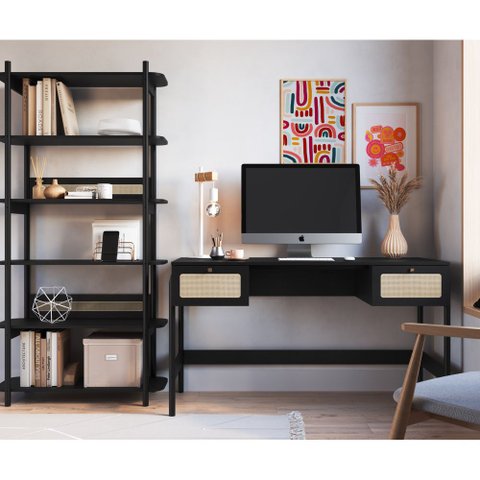 Conjunto Escrivaninha 2 Gavetas e Estante Palhinha Pé Madeira Oslo Artesano | Nero - Nero/preto