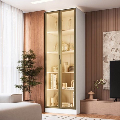 Cristaleira 2 Portas Reflectas com LED 100% MDF Aurora Branco