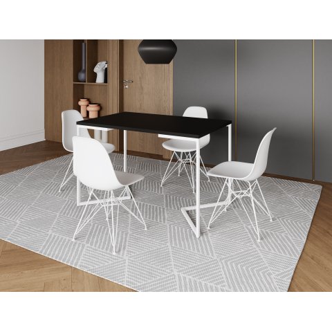 Mesa Industrial Base Ferro Branco em  V  Tampo 137x90 Preto 4 Cadeiras Eames Assento Branco Ferro Br
