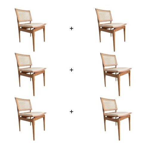 Conjunto de 6 Cadeiras Madeira Maciça Detalhe de Tela Sextavada e Assento Em Linho Personal Decor Ca
