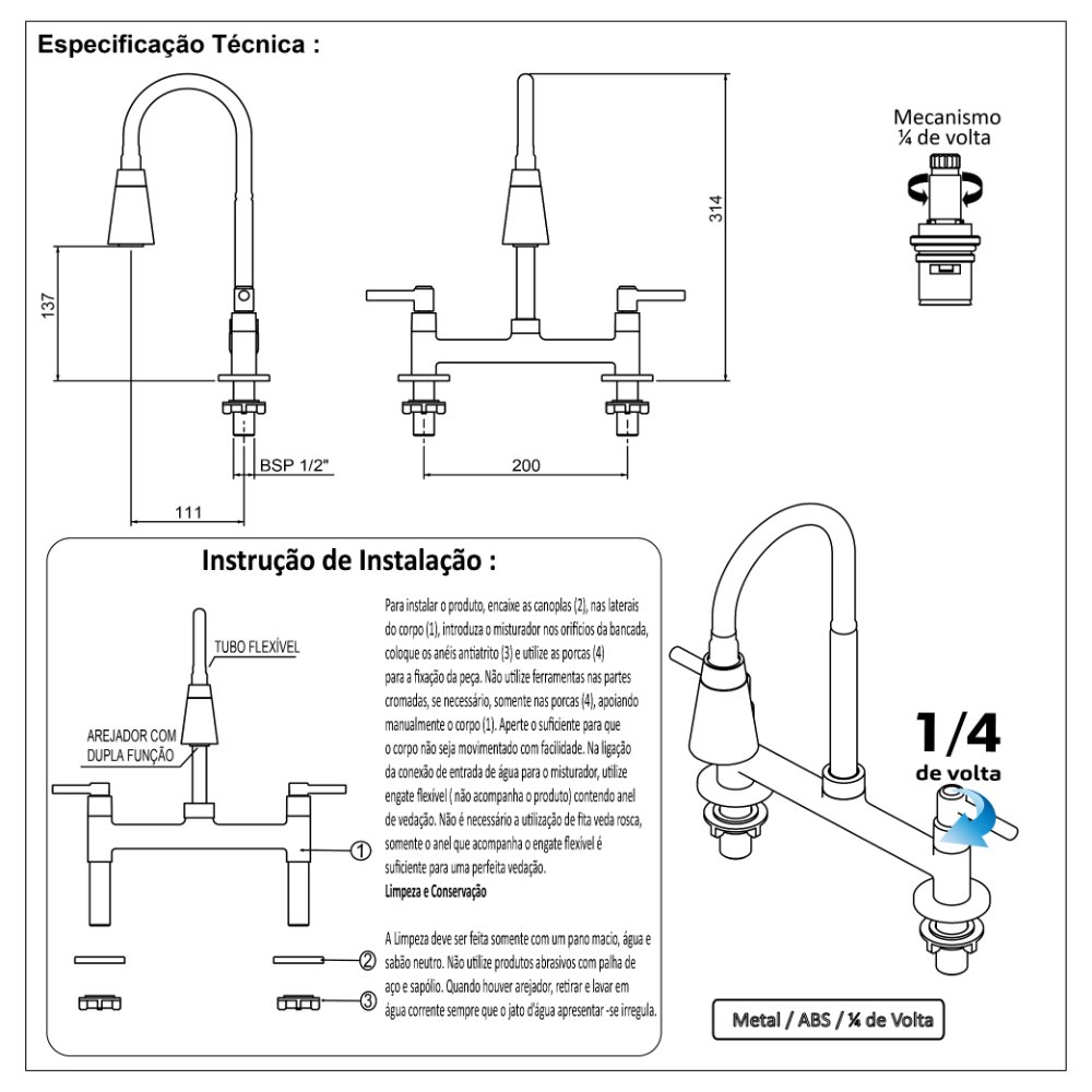 Torneira Pia Cozinha Misturador Mesa Flexível Cromado 1/4V - 6