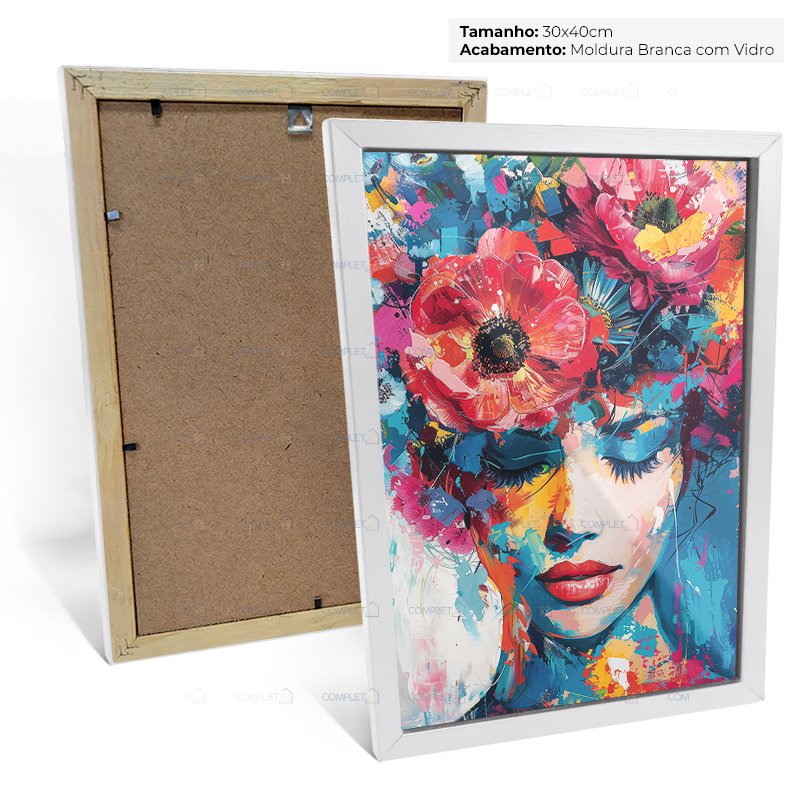 Quadro Pintura Mulher com Flores Moldura Branca e Vidro - 4