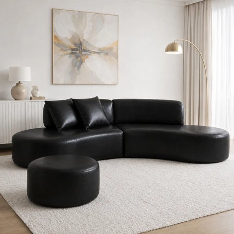Sofá e Puff Orgânico Virginia 300cm Corino Modena: Preto