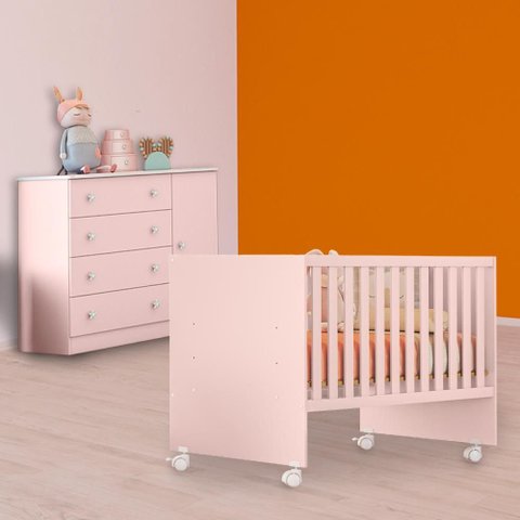 Conjunto Berço Reto e Cômoda Sapateira Rosa