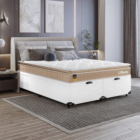 Cama Box Baú Casal Bipartido Couro Branco + Colchão Life D33 Pillow Top 61x138x188cm Bege