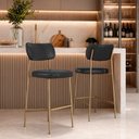 Ver imagem 4 de Kit 2 Banquetas Alta Sala de Jantar Lisa Pés Champanhe PU Preto m² - Monari Design