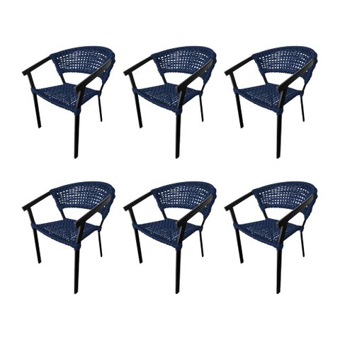 Kit 6 Cadeiras Sofia Corda Náutica Base em Alumínio Preto/azul Marinho