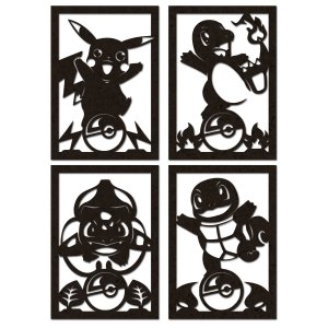 Kit 4 Quadros Pokémon Silhueta em Mdf Preto 40x28 Cm (pikachu, Charmander, Bulbasaur, Squirtle)