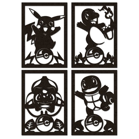 Kit 4 Quadros Pokémon Silhueta em Mdf Preto 40x28 Cm (pikachu, Charmander, Bulbasaur, Squirtle)