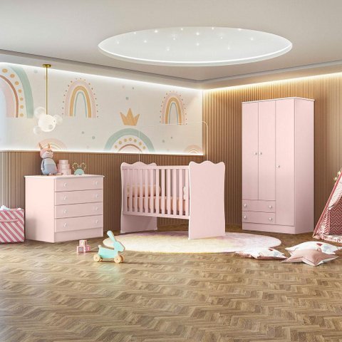 Quarto Infantil Lua Encantada Berço, Guarda Roupa e Comoda Rosa