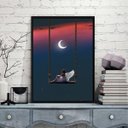Ver imagem 2 de Quadro Surrealista Menina Anjo Com Lua 24x18cm:Madeira branca