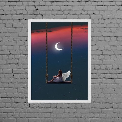 Quadro Surrealista Menina Anjo Com Lua 24x18cm:Madeira branca