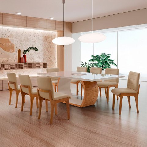 Conjunto Sala de Jantar Bella Tampo 220cm Laqueado Canto Moeda com Vidro e 8 Cadeiras Bella