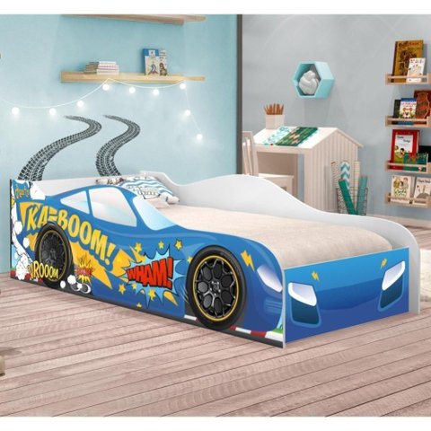 Cama Carro Kaboom Azul Solteiro com Colchão