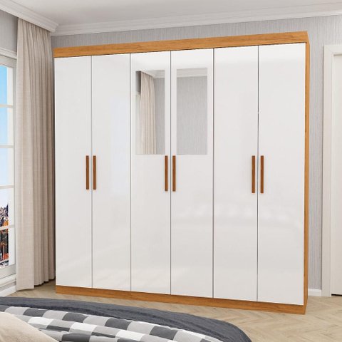 Guarda-Roupa Solteiro com Espelhos 6 Portas e 2 Gavetas 153cm Multimóveis CR35563 Madeirado/Branco