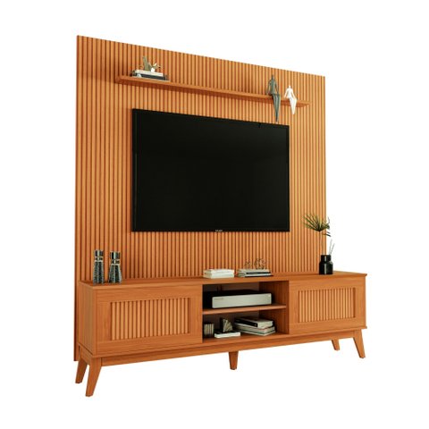 Rack Bancada King com Painel para Tv até 75 Polegadas 1,80m Egeo Cedro Ripado Impressão 3d Edn