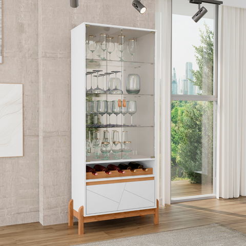 Cristaleira Cristal Espelho Adega 2 Portas Vidro Temperado Sala de Estar e Jantar com Pés Madeira Ma