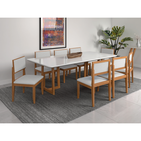Sala de Jantar Londrina 220cm c/ Vidro com 8 Cadeiras Madeira Maciça Santorini Cinamomo/Off Linho Pr