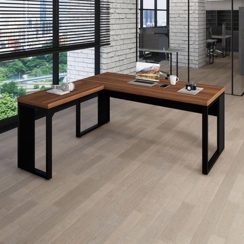 Mesa para Escritório em L Mesa L Escritório Industrial 150cm Nogal com Preto F5 Office