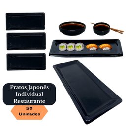 Jogo 50 Pratos Sushi Kakusara Retangular Porcelana Preto Prattos - 5