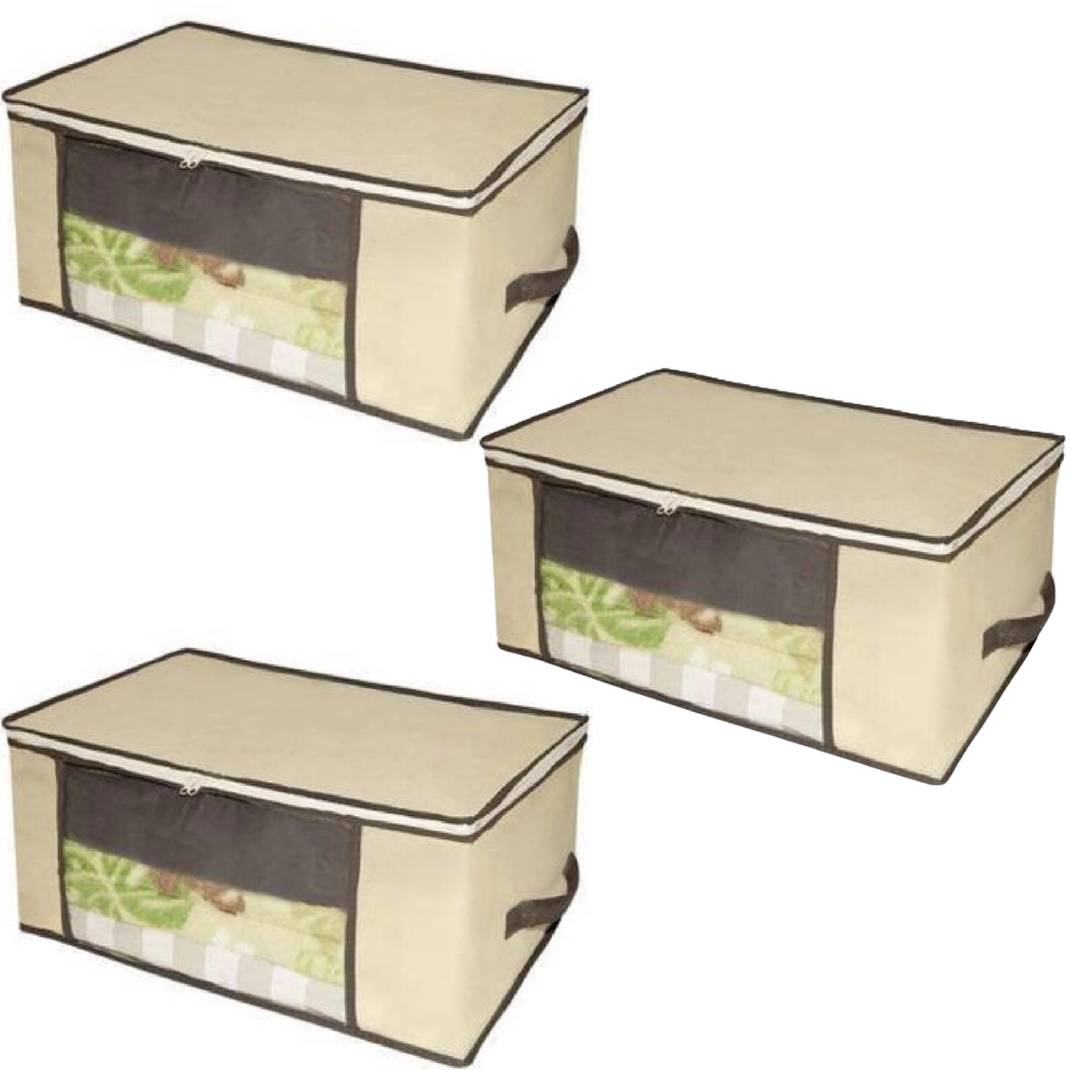 Caixa Organizadora de Roupa de Cama Organiz em Tnt com Tampa e Visor 44x44x19,5cm 3un Cor:bege - 1