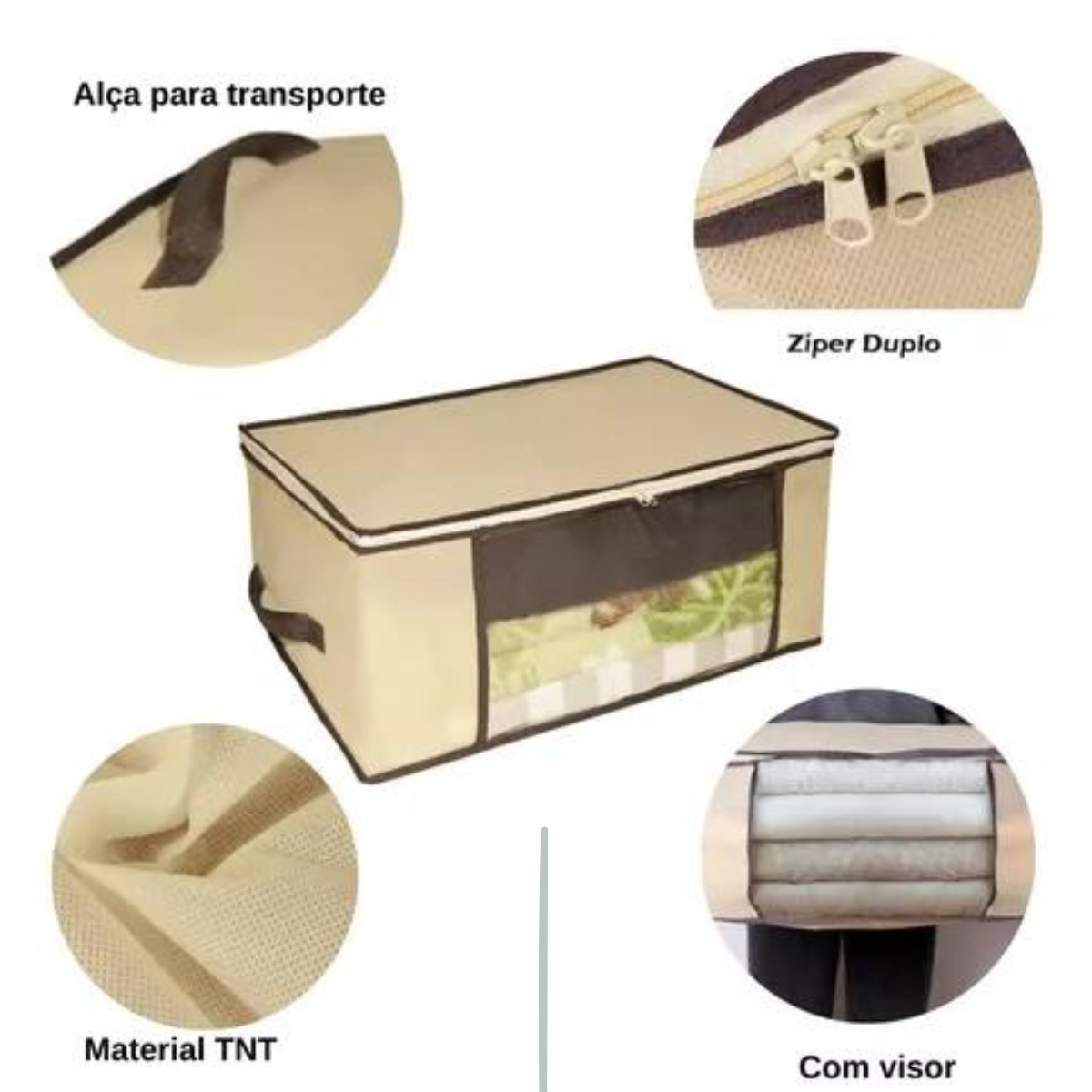 Caixa Organizadora de Roupa de Cama Organiz em Tnt com Tampa e Visor 44x44x19,5cm 3un Cor:bege - 4