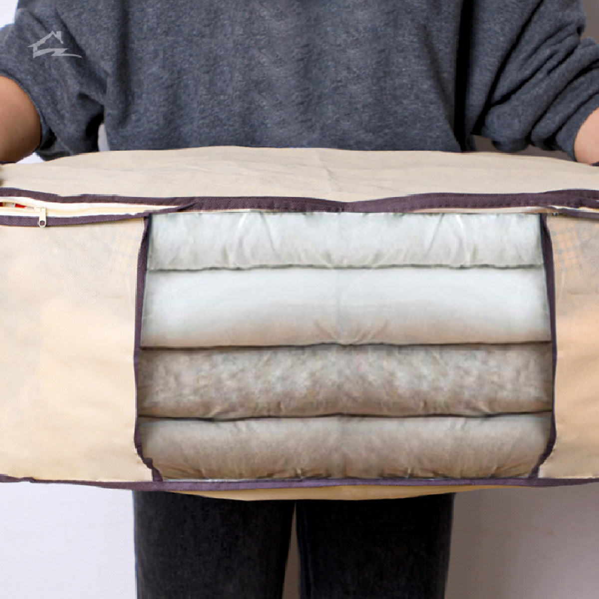 Caixa Organizadora de Roupa de Cama Organiz em Tnt com Tampa e Visor 44x44x19,5cm 3un Cor:bege - 5