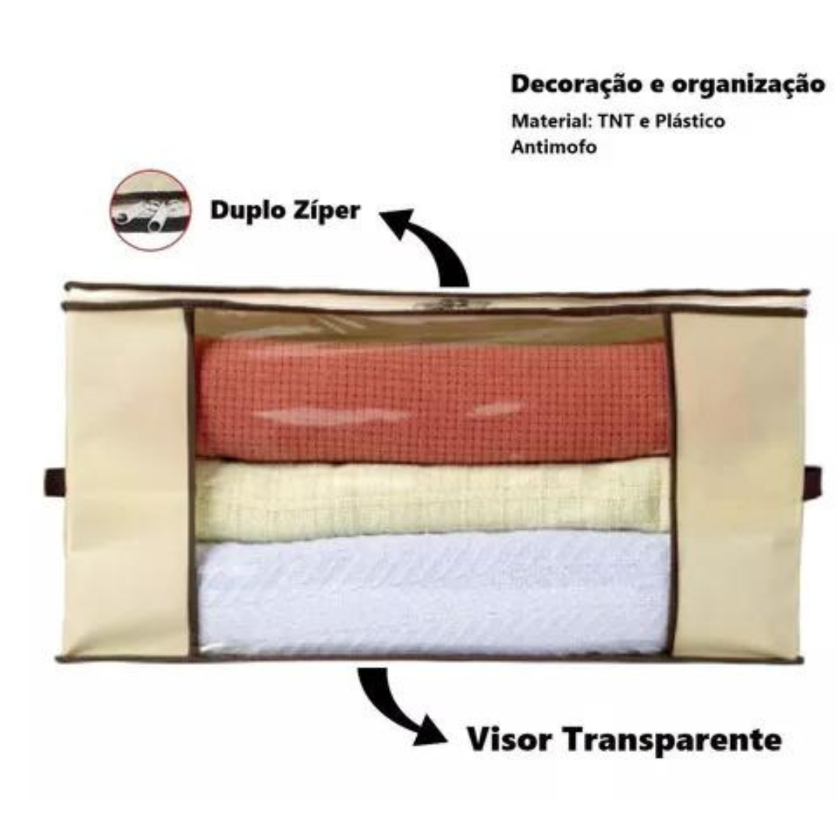 Caixa Organizadora de Roupa de Cama Organiz em Tnt com Tampa e Visor 44x44x19,5cm 3un Cor:bege - 6