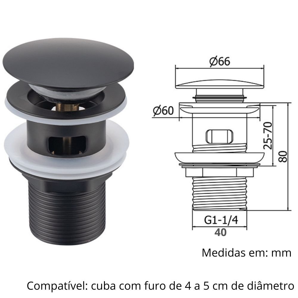 Válvula Click Lavatório 1 1/4 Preta Fosco Metal Cuba Pia com Ladrão - 3