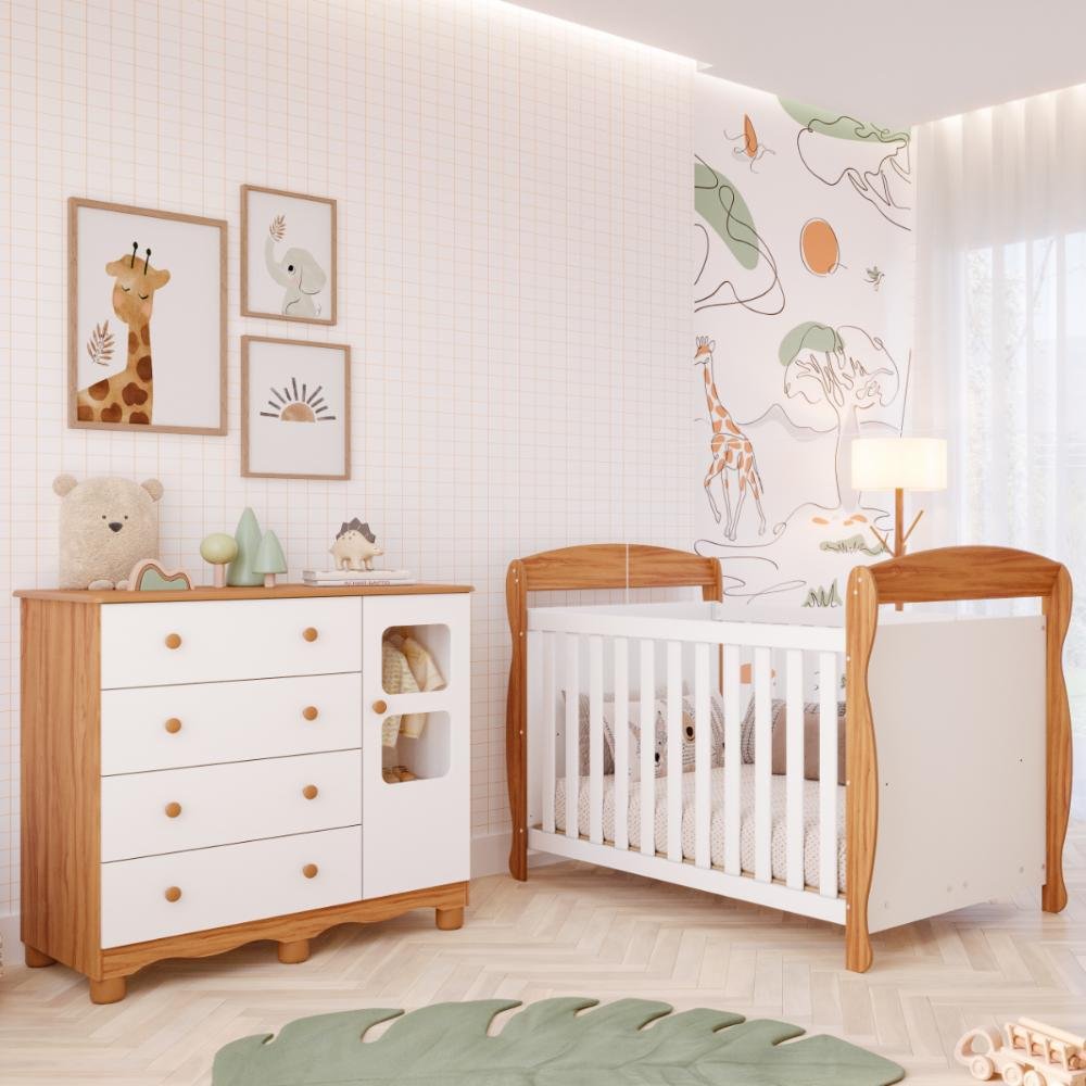 Quarto de Bebê Completo Berço Americano Marquesa 3 em 1 Cômoda Uli 4 Gavetas 1 Porta 100% Mdf Mó