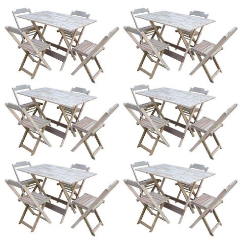 Kit 6 Conjuntos De Mesa Com 4 Cadeiras De Madeira Dobravel 120X70 Sem Pintura/Crua - Marrom