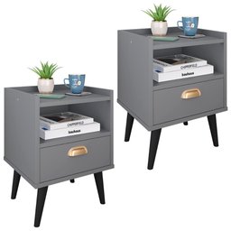 Jogo 2 Mesa de Cabeceira Compacta Mesinha Gaveta Nicho Canto Lateral Cama Quarto Casal - Cinza - 1