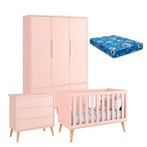 Quarto de Bebê Theo 3 Portas com Colchão e Cômoda Gaveteiro Rosa Pés Madeira Natural – Reller