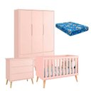 Ver imagem 1 de Quarto de Bebê Theo 3 Portas com Colchão e Cômoda Gaveteiro Rosa Pés Madeira Natural – Reller