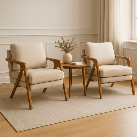 Kit 2 Poltronas Mona Luxo Madeira Maciça Linho Bege para Sala de Estar Decorativa Moderna