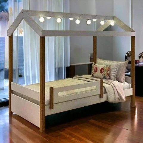 Cama Casa Elisa Branco-mel C- Led e Colchão
