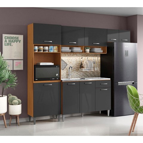 Cozinha Compacta Aurora com Balcão de Pia 120cm sem Tampo/cuba - Cinamomo/grafite Aramóveis