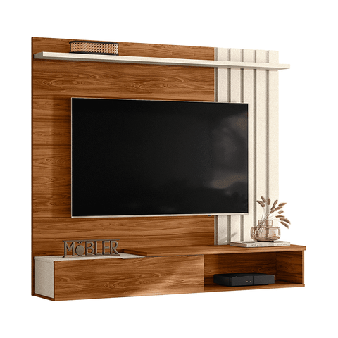 Home Suspenso Vegas 1,60m Tv 65'' Porta Basculante Nichos - Cinamomo Mel/perola Metalizado