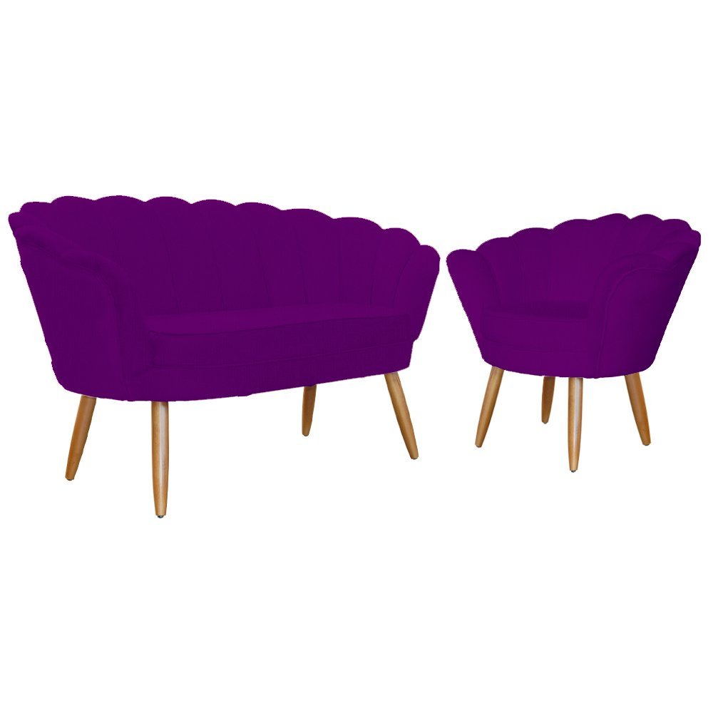 Kit Namoradeira + 1 Poltrona Decorativa Pétala Suede Roxo Pés Madeira Mz Decor - 1