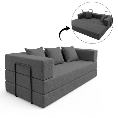 Sofá Loft na Caixa a Vácuo Moderno 3 Lugares 190cm Compacto Bouclê Cinza Escuro - Vimont Moveis