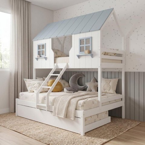 Treliche Casal/ Solteiro Casinha Encantada Madeira Maciça Branco/ Azul Housin