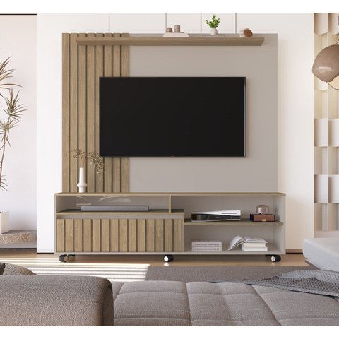 Estante Home Theater Ripado para TV até 65 Polegadas MDF 160x188cm Rodízios Havana