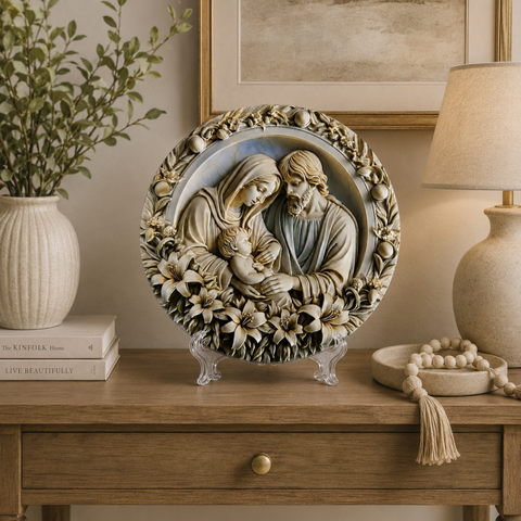Quadro Sagrada Família em Resina Alto Relevo 20cm Branco