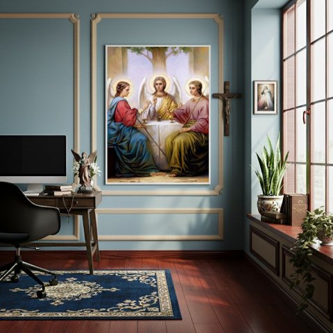 Quadro Santíssima Trindade -pai Filho Espírito Santo-70x50cm:moldura Branca