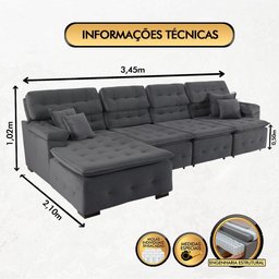 Sofá Orlando 3.45x2.10m com Chaise, Retrátil e Reclinável - Chumbo - 3