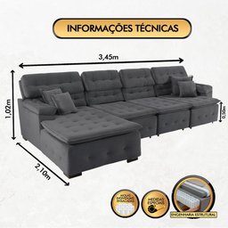 Sofá Orlando 3.45x2.10m com Chaise, Retrátil e Reclinável - Chumbo - 6