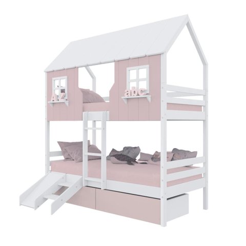 Beliche Casinha Encantada com 02 Gavetas Kit Escada/ Escorregador Madeira Maciça Rosa/ Branco