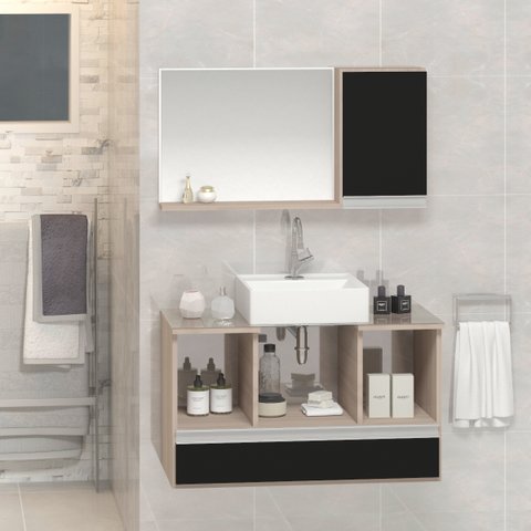 Conjunto Gabinete Banheiro VENUS 80cm Madeirado/Preto - Gabinete + Cuba + Espelheira + Tampo Vidro